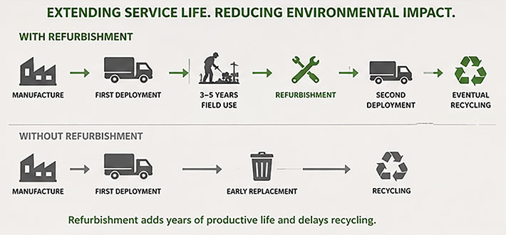 Rugged computer lifecycle showing how refurbishment can extend useful service life before eventual recycling