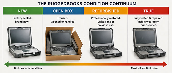 RuggedBooks condition categories comparing new, open-box, refurbished and TRUE tested and repaired used rugged computers