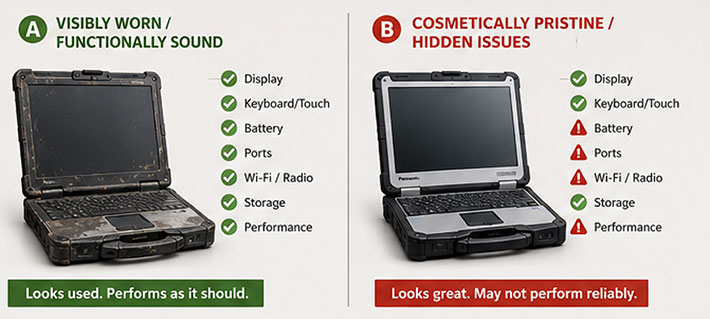 Comparison showing that cosmetic wear on a rugged computer does not necessarily indicate poor functional condition