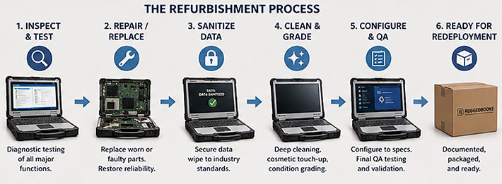 Rugged computer refurbishment process including inspection, testing, repair, data sanitization, cleaning, configuration and final quality assurance